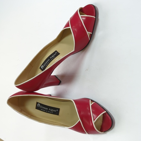 Etienne Aigner, red leather peep toe block heels. Sz 9 - Picture 1 of 10